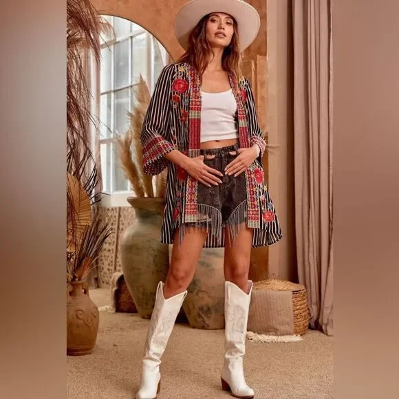 Savannah Jane EMBROIDERED STRIPED CARDIGAN small boho festival floral - Picture 5 of 13